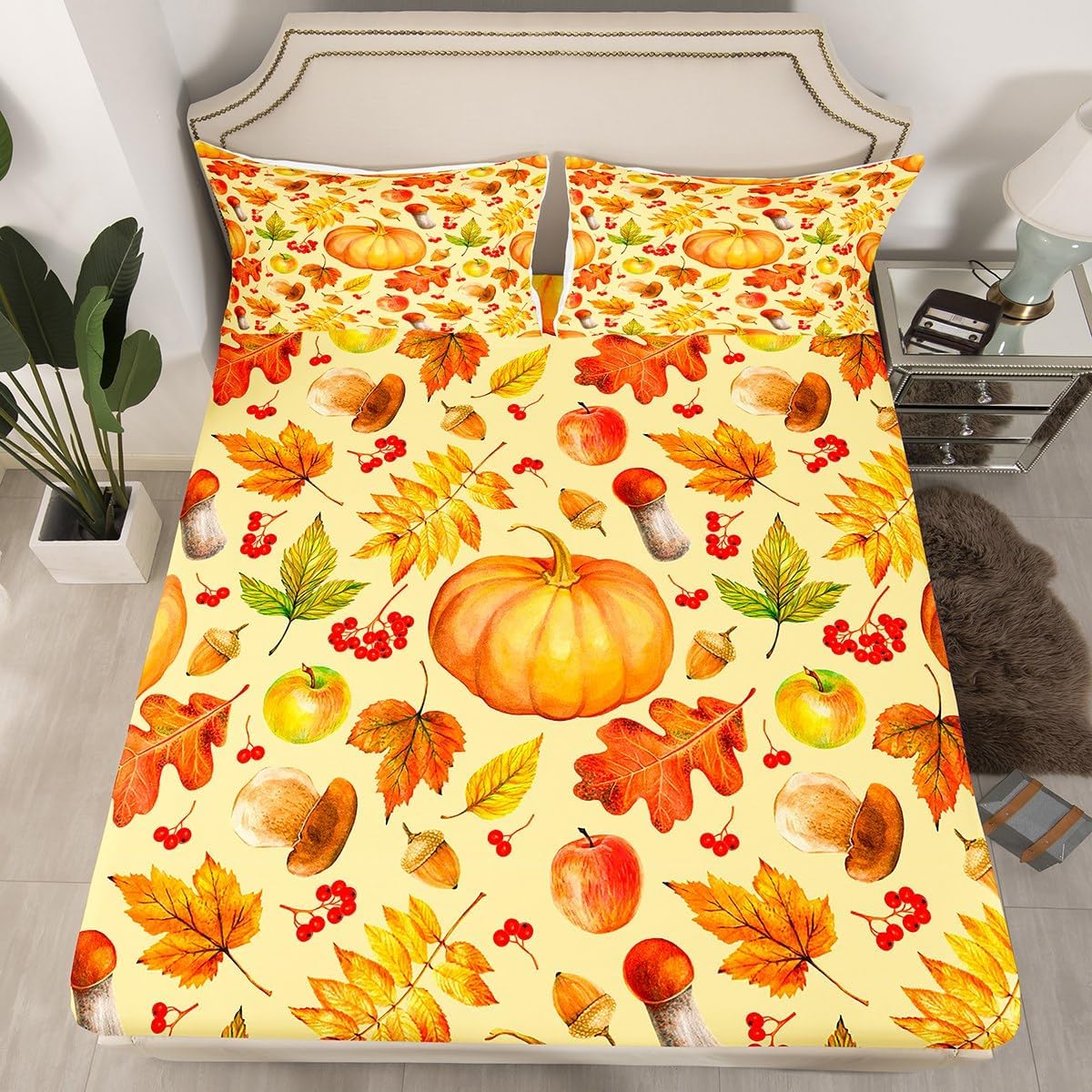 Juego de sábanas de calabaza otoñal para decoración del hogar, día de Acción de Gracias, setas, cosecha de otoño, juego de sábanas de hoja de arce