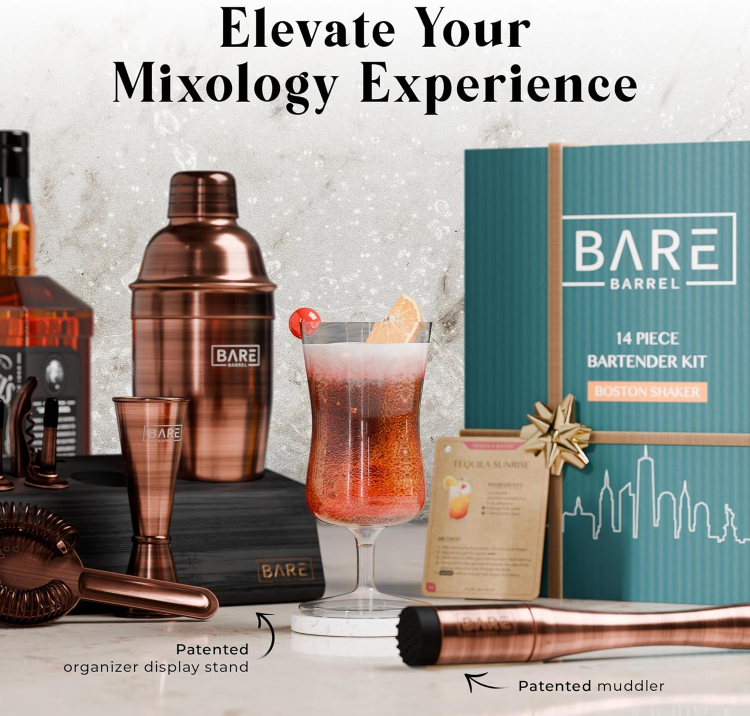 BARE BARREL Mixology Bartender Kit Bar Set  Juego de coctelera de 14 piezas  Herramientas de mezcla de Martini Barware para el hogar  Incluye 35