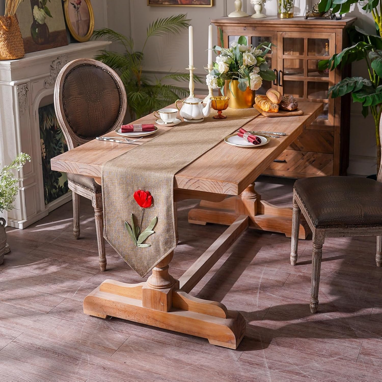 ARTABLE Caminos de mesa hechos a mano, bordado, rosas, tulipanes, flores, lino natural, para mesa de café, bufanda, patrones clásicos vintage (café,