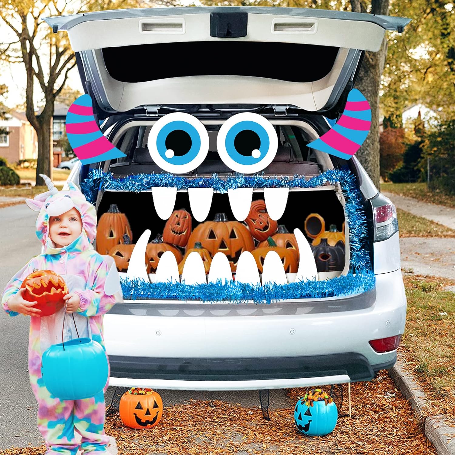 Joy Bang Decoraciones de Halloween para automóvil, kit de decoración de maletero de Halloween o automóvil para SUV, lindo monstruo con guirnalda de
