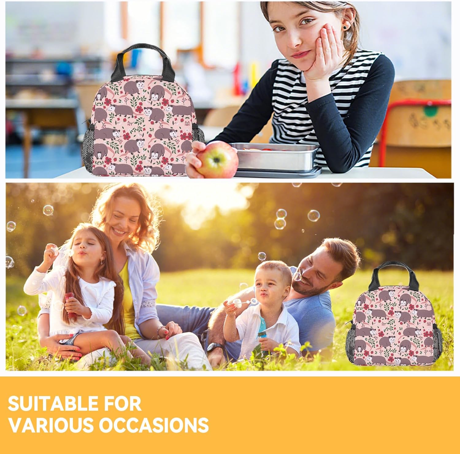 COOPASIA Possum – Lonchera para niños, lonchera aislada para niñas y niños, color rosa, reutilizable, pequeña con bolsillos, bolsa de almuerzo para