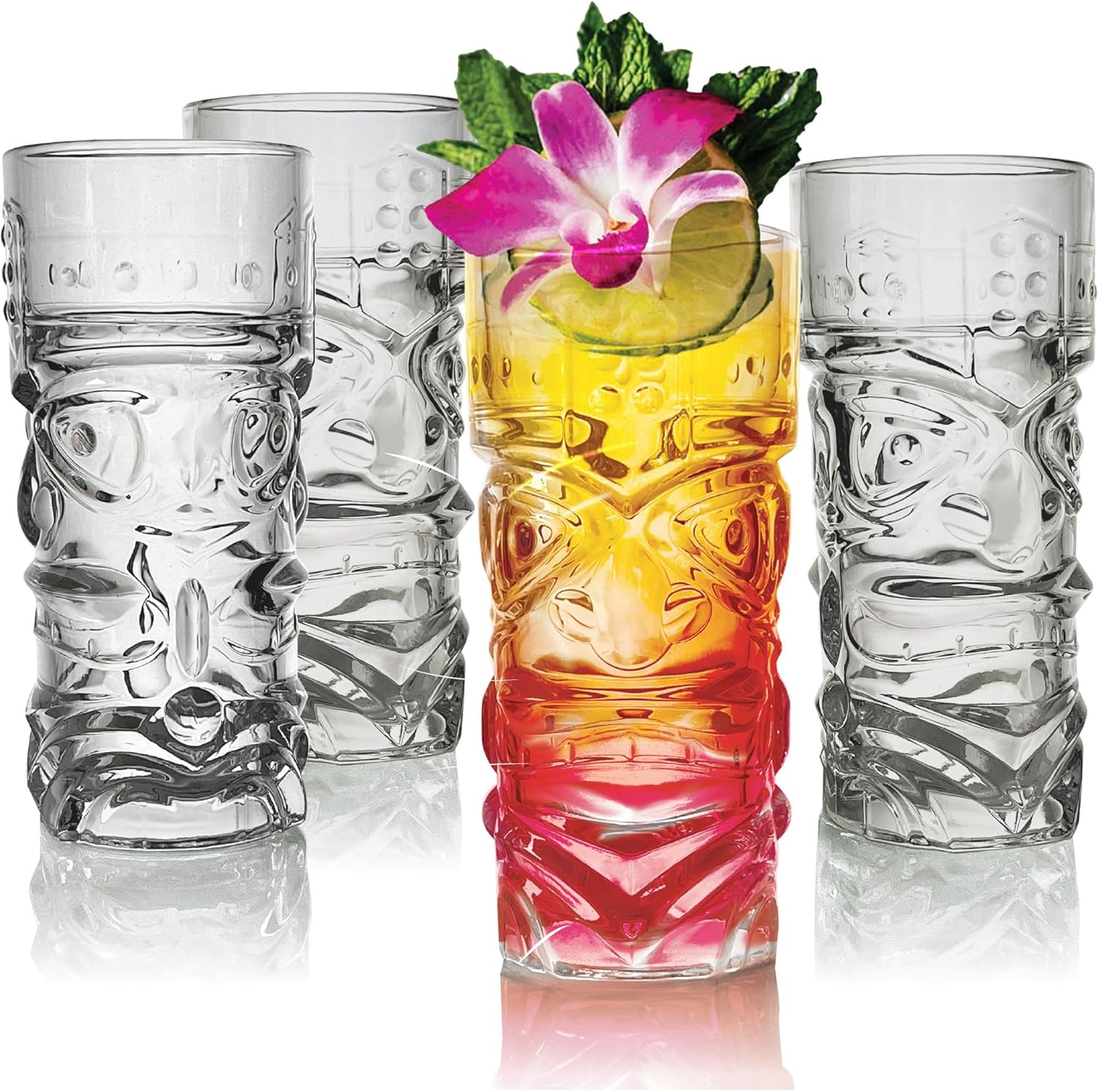 Lily’s Home Juego de 4 vasos Tiki  Ideal para cócteles exóticos, Highball  Juego único de vasos Tiki Bar y Bar de cocina, juego de vasos de vidrio y