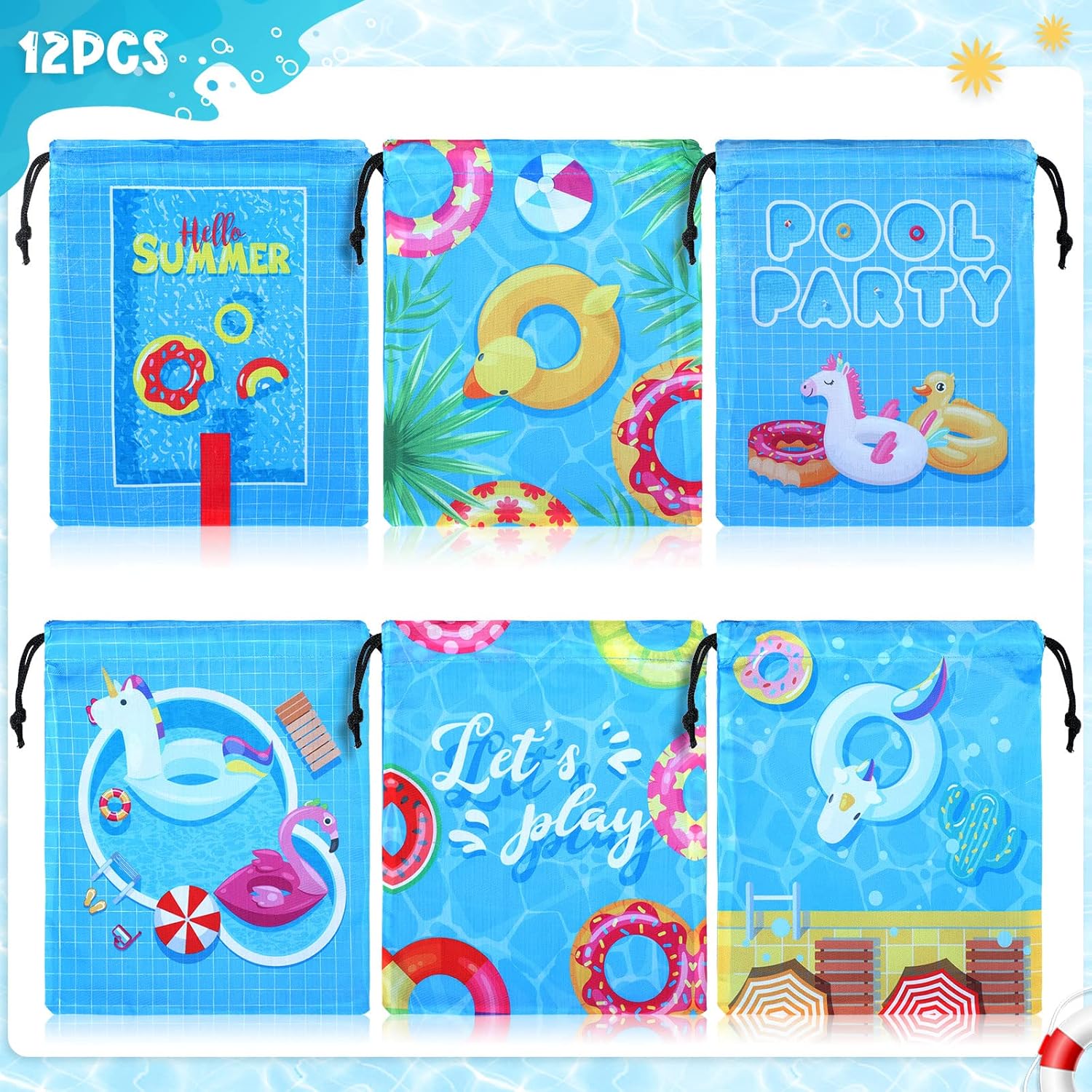 12 bolsas de fiesta de verano en la piscina, con cordón, bolsa de playa, bolsas de regalo, bolsas de regalo de tiburón de playa, suministros de