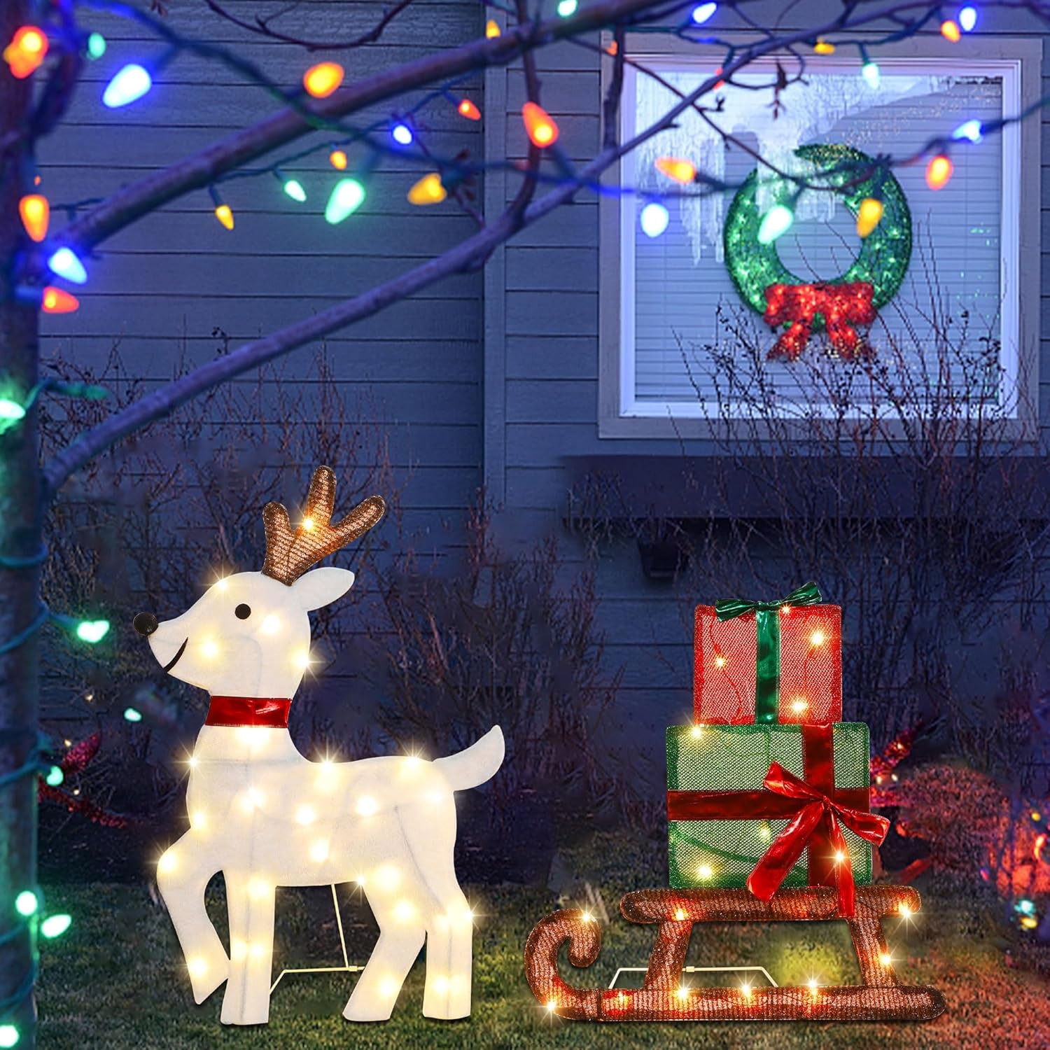Joliyoou Decoración de Navidad 2D para patio, juego de 3 renos preiluminados con 60 luces LED blancas cálidas para puerta delantera de Navidad,