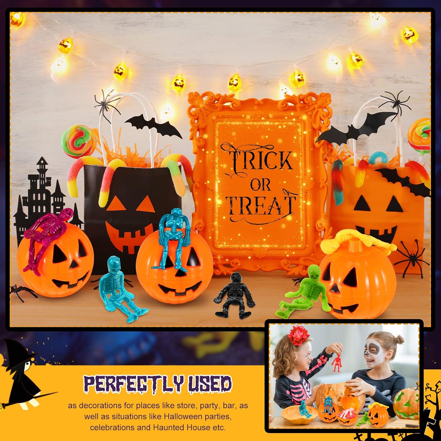 96 cajas de dulces de calabaza de Halloween con juguetes elásticos, contenedores de golosinas de calabaza, cajas de regalo de dulces de calabaza con