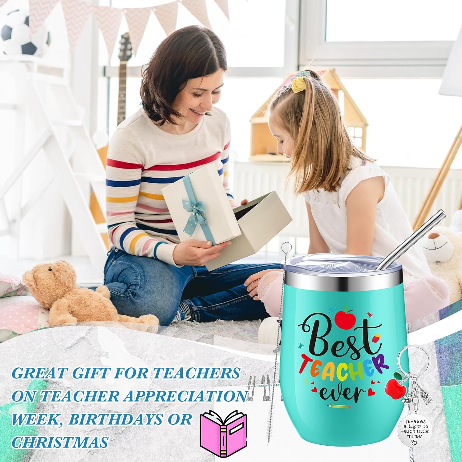 Nuanchu Juego de 12 vasos de vino de acero inoxidable con tapas y pajitas para profesores, regalos de agradecimiento para profesores, regalos de