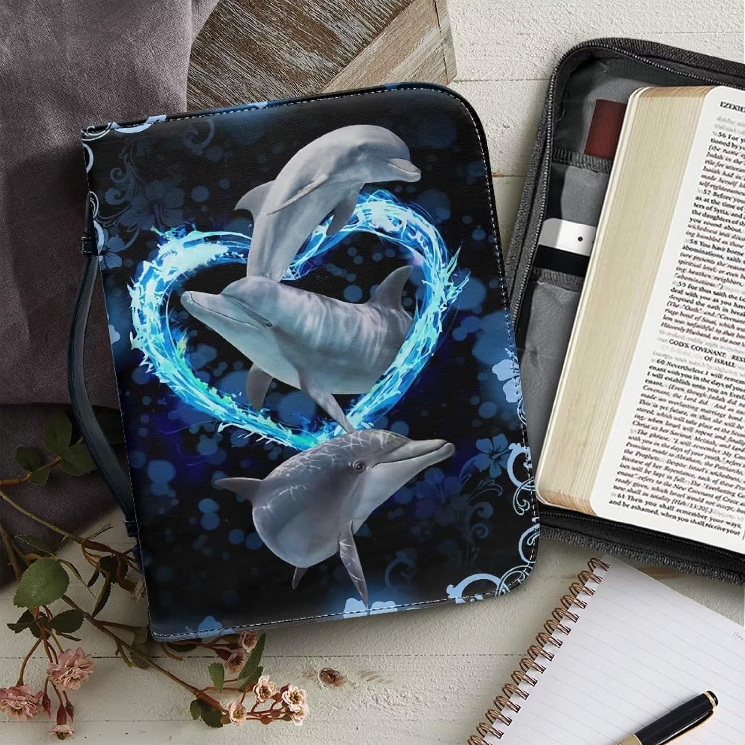 Funda para la Biblia con diseño de delfín en forma de corazón para mujeres y niñas, funda grande de transporte de la Biblia con asa duradera,