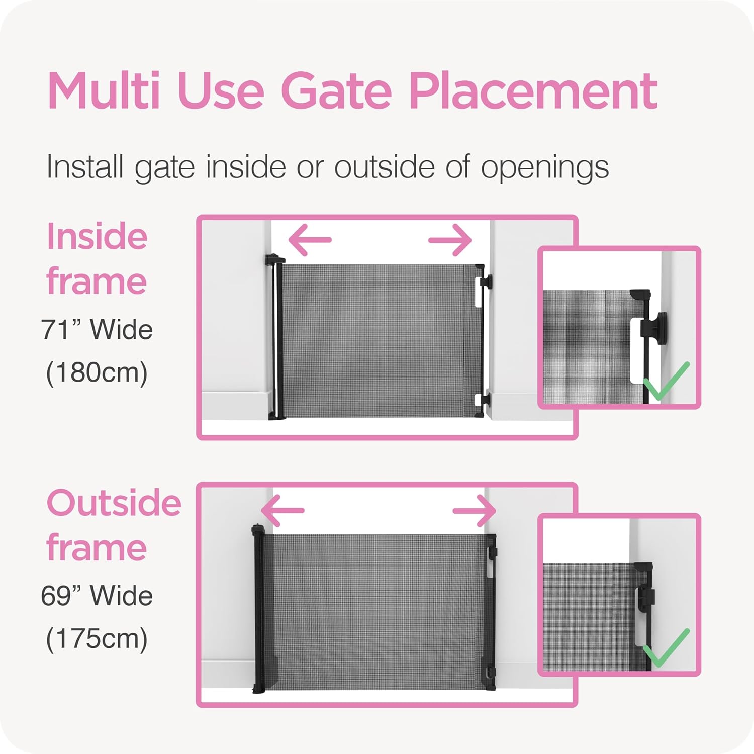 Puerta retráctil Perma Child Safety para bebé, 33 pulgadas de alto x 71 pulgadas de ancho, malla, para escaleras, puertas, perros, mascotas,