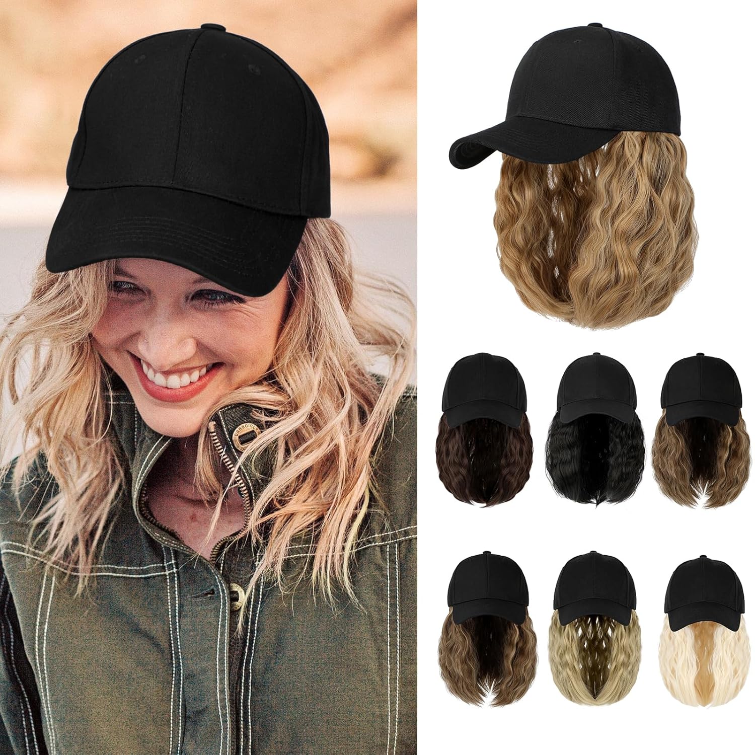 Lansigreen Peluca de gorra de béisbol para mujer, gorra de béisbol con extensiones de cabello, gorra ajustable adjunta de 15 pulgadas, peluca