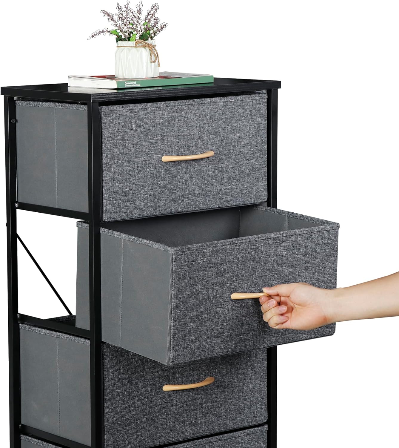 SUPER DEAL Cómoda de tela para dormitorio de 46 pulgadas de alto, cómoda de almacenamiento vertical con 5 cajones de almacenamiento, parte superior