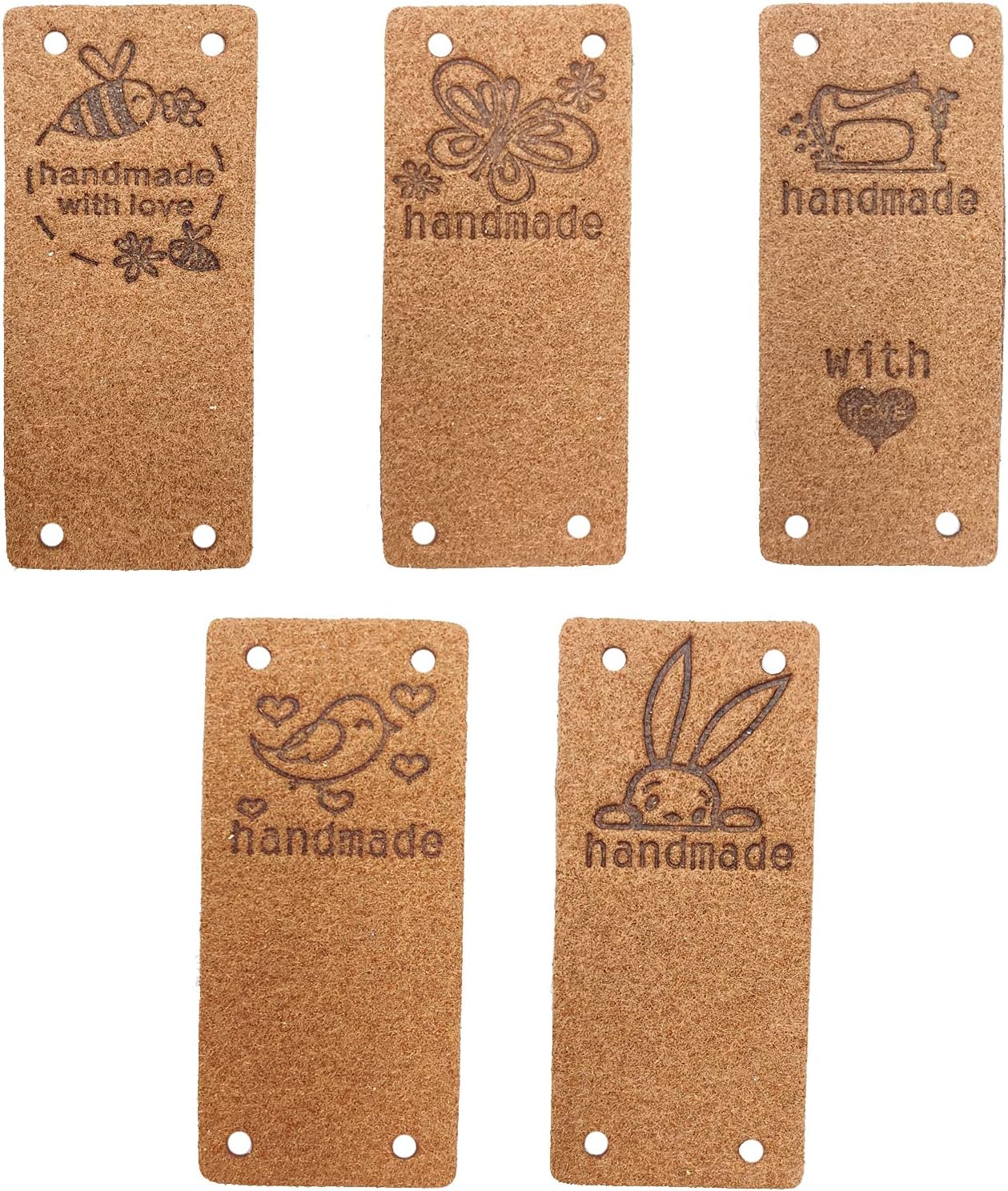 Gewene 50 etiquetas de piel sintética hechas a mano, etiquetas hechas a mano, botones con agujeros en relieve, adorno de punto para jeans, bolsas,