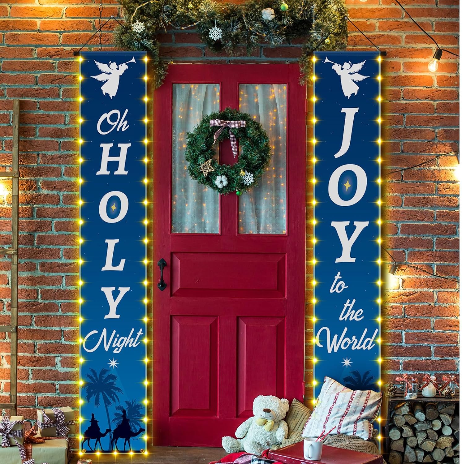 3 carteles iluminados de Navidad con luz de noche santa y alegría al mundo, pesebre al aire libre, Navidad, porche, con cadena de luces LED,
