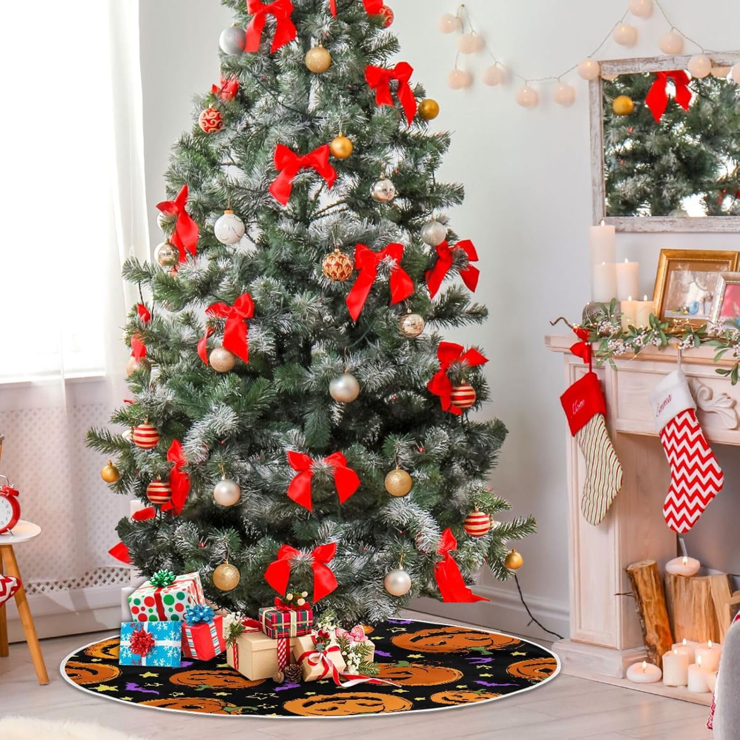 Halloween Pumpkins Festive Christmas Tree Base Skirt, Christmas Tree Floor Decor, Christmas Tree Skirt Machine Washable, Tree Skirt for 3ft Tree