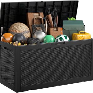 Caja de mimbre de 100 galones, contenedor de almacenamiento impermeable con cerradura para accesorios de piscina, muebles de patio, cojines, Caja de mimbre de 100 galones, contenedor de almacenamiento impermeable con cerradura para accesorios de piscina, muebles de patio, cojines,