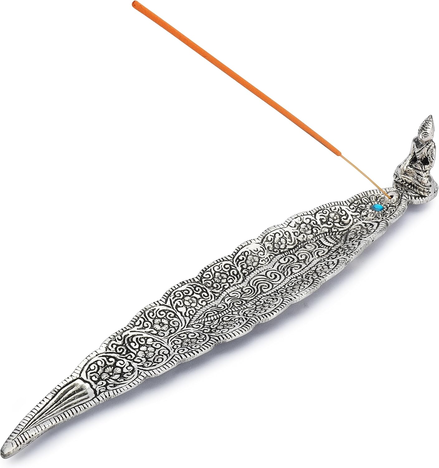 Ajuny Quemador de incienso de aluminio con colector de cenizas, acabado plateado, estilo tibetano, soporte de incienso de 12.1 in, ideal para