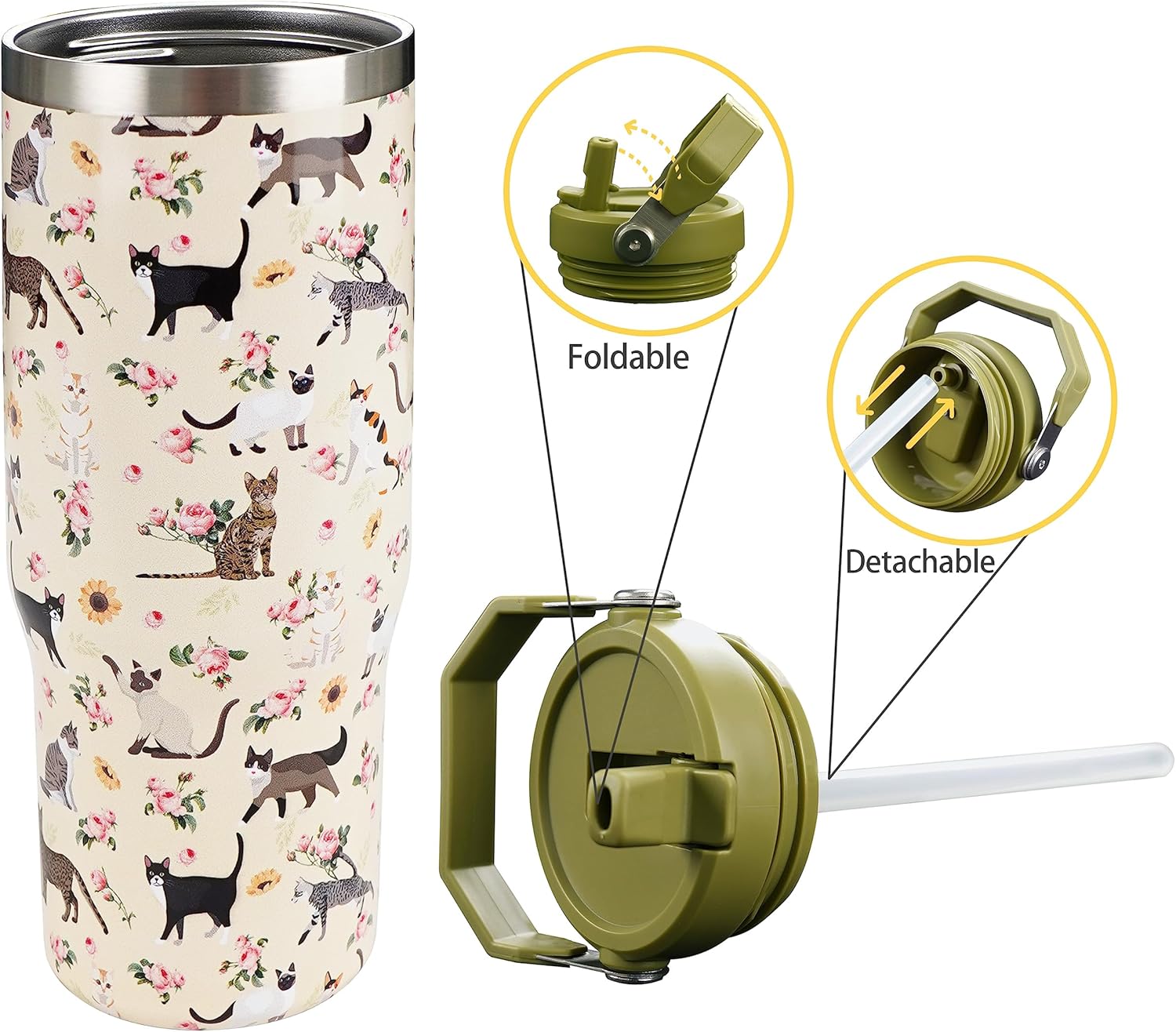 Exacmos Vaso de 30 onzas con diseño floral de gato con asa y pajita, vaso de café aislado al vacío de acero inoxidable, botella de agua de viaje,