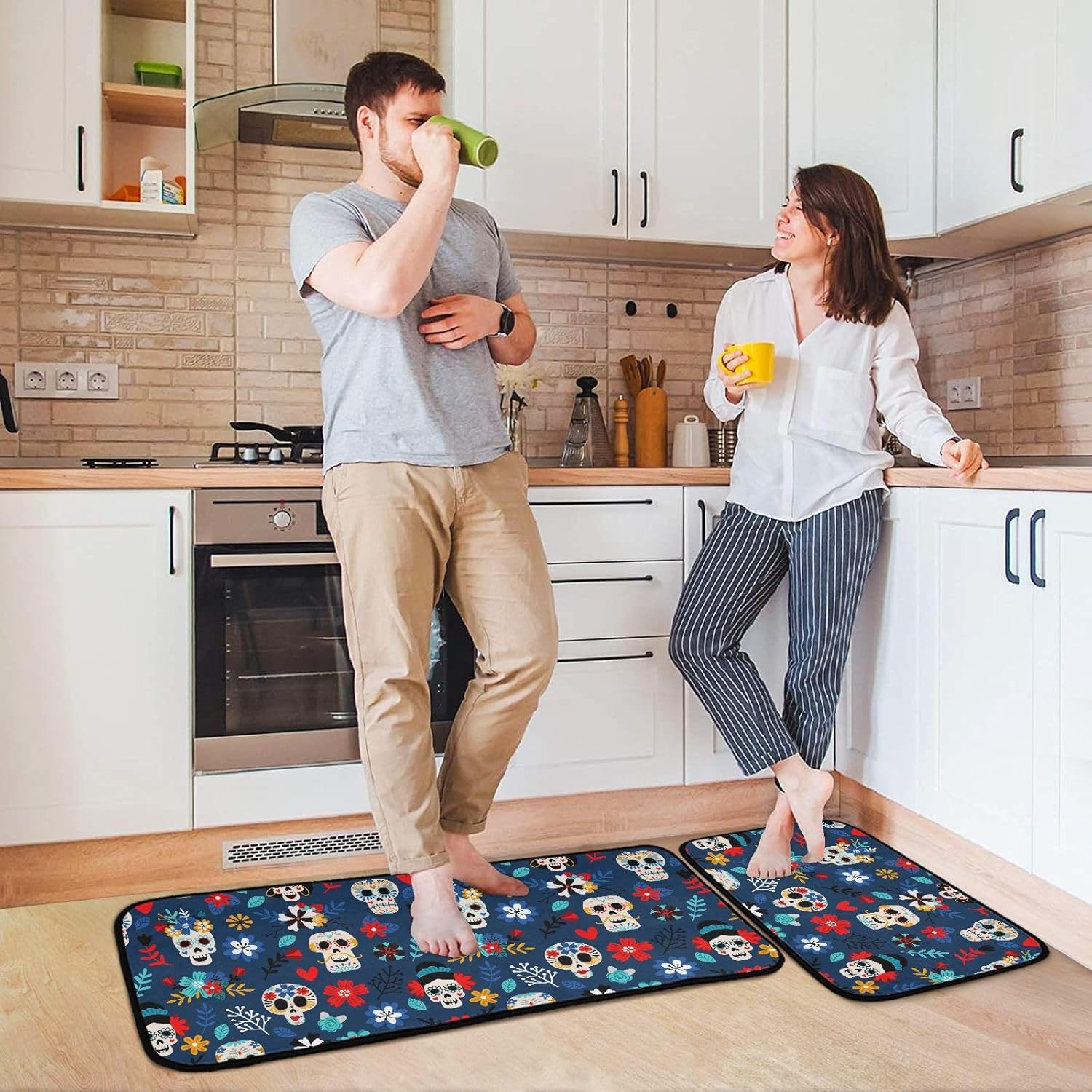Exnundod Tapetes de cocina con diseño de calaveras mexicanas, diseño de calaveras de flores, alfombra de corredor lavable antideslizante con parte