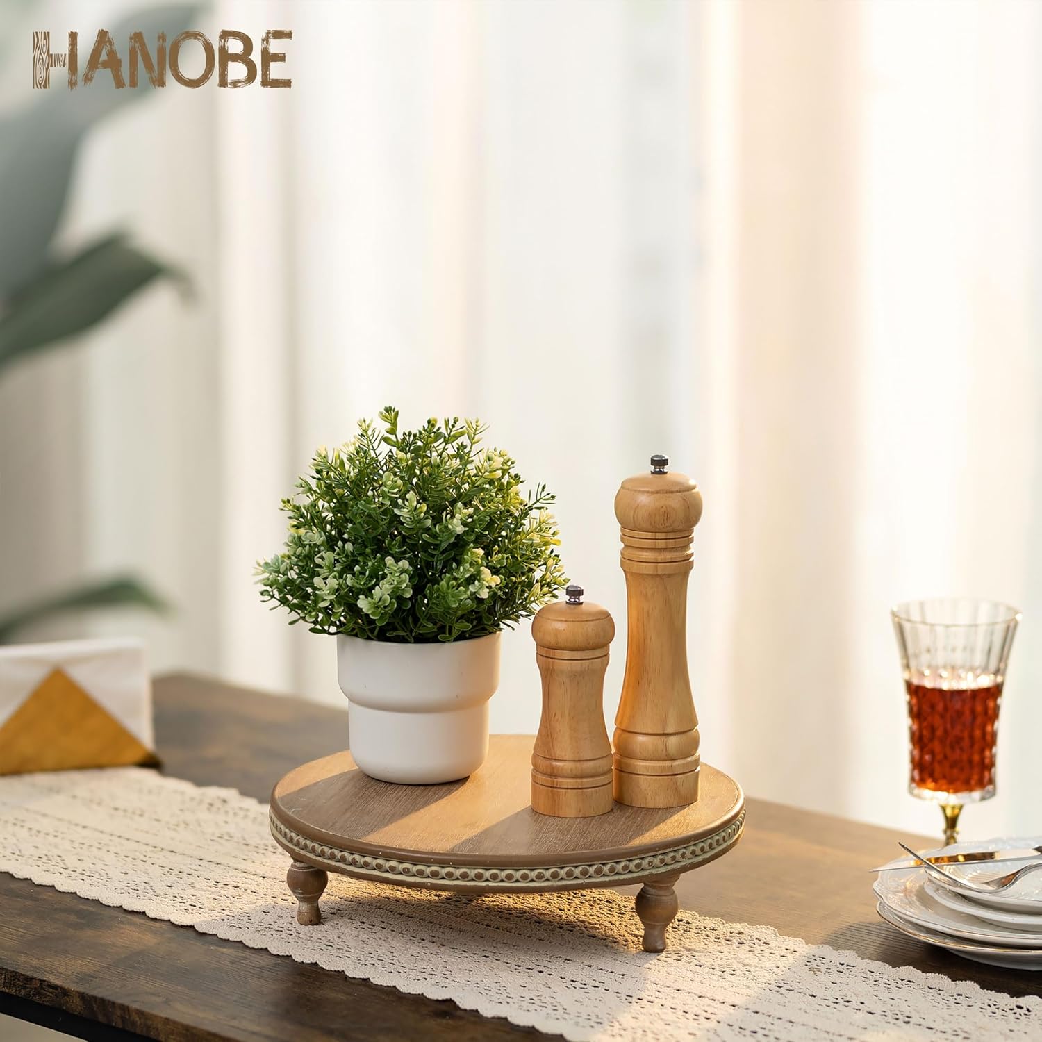 Hanobe Elevadores redondos de madera soporte de pedestal de madera con cuentas para decoración del hogar, bandejas decorativas marrones para