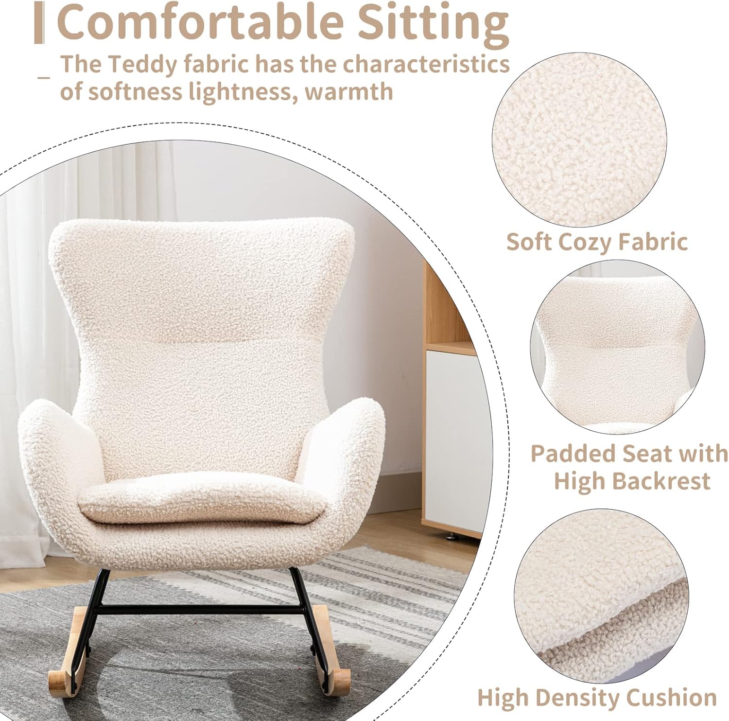 Silla mecedora de tela de peluche, asiento acolchado con respaldo alto y reposabrazos, sillón acogedor, sofá individual, mecedora para sala de