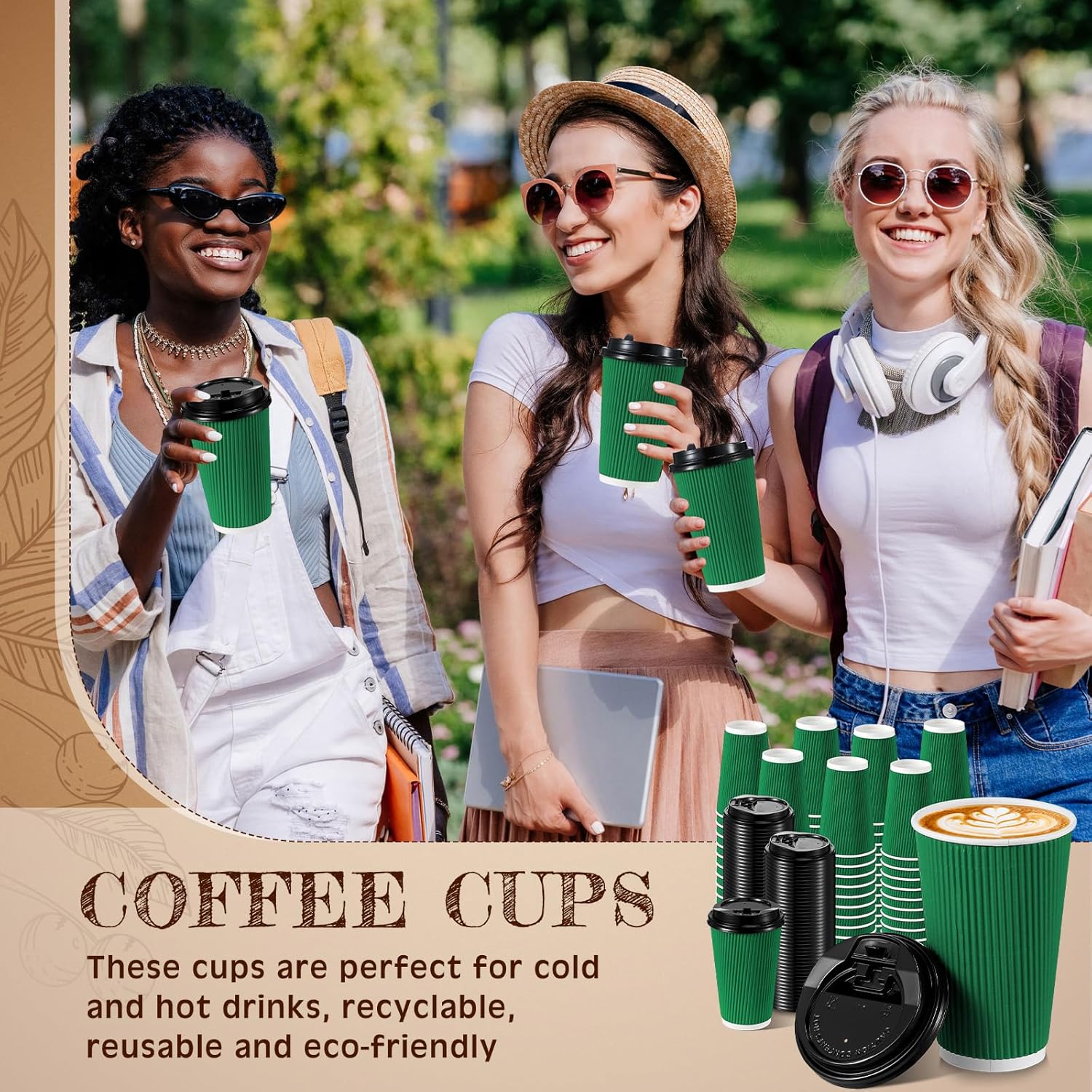 Tioncy 100 tazas de café desechables con tapas, tazas de papel, onduladas corrugadas, aisladas en la pared, tazas calientes con tapas para café,