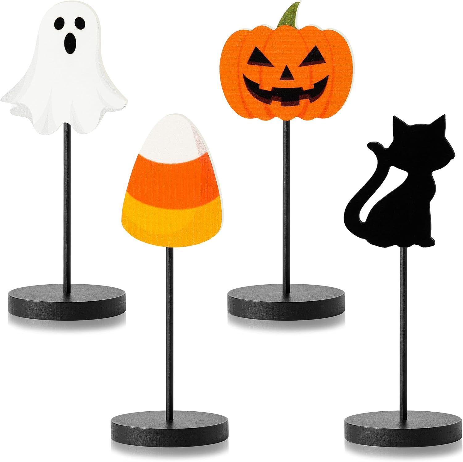 WATINC 4 piezas de decoración de mesa de madera de Halloween, gato negro, fantasma, calabaza, caramelo, maíz, bandeja escalonada de madera,