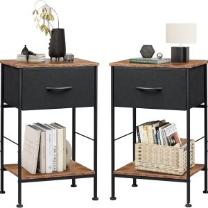 WLIVE Juego de 2 mesitas de noche, mesa auxiliar con cajón de almacenamiento de tela y estante de madera abierto, muebles de noche con marco de WLIVE Juego de 2 mesitas de noche, mesa auxiliar con cajón de almacenamiento de tela y estante de madera abierto, muebles de noche con marco de