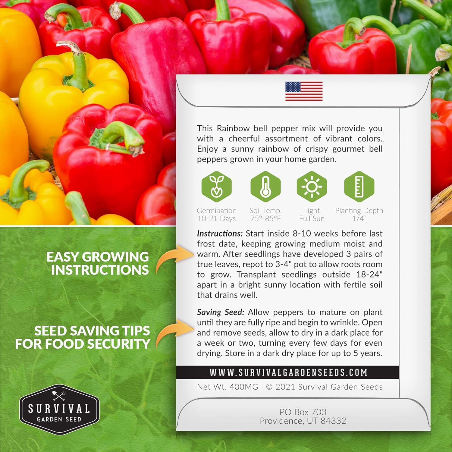 Survival Garden Seeds – Mezcla de semillas de pimiento arcoíris para plantar – 3 paquetes con instrucciones para plantar y cultivar deliciosos