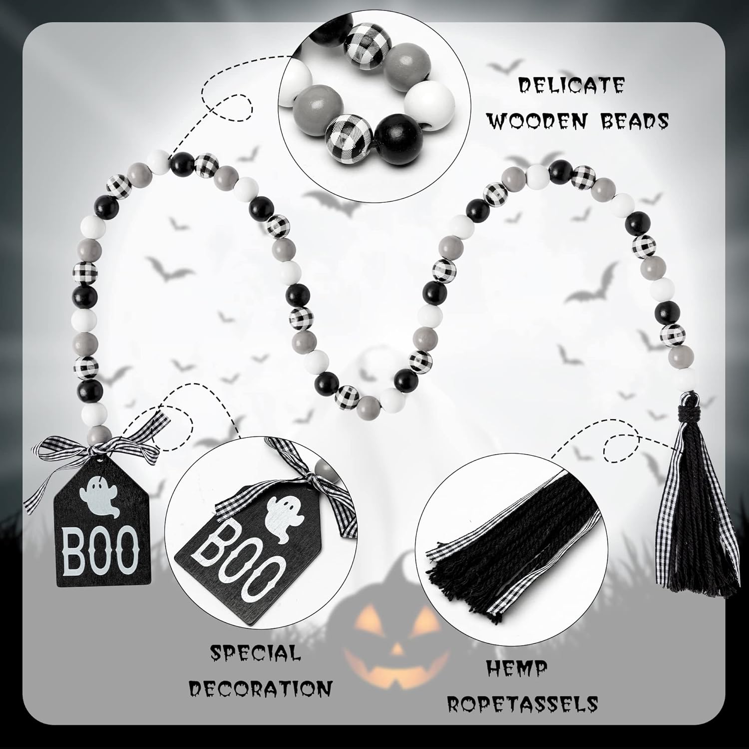 Guirnalda de cuentas de madera de Halloween, guirnalda de cuentas de madera de 40 pulgadas con cuerda de yute, borla a cuadros, etiqueta clásica de