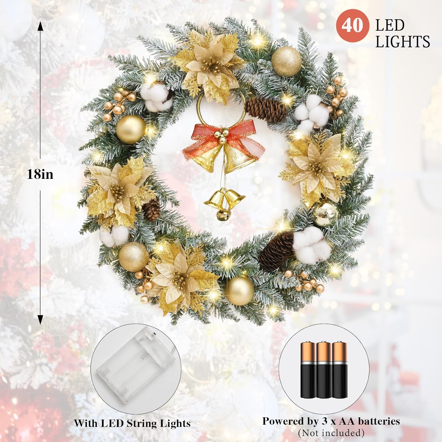 Corona de Navidad para puerta delantera, corona de puerta de Navidad para decoración de ventana al aire libre con abeto, cono de pino, racimo de