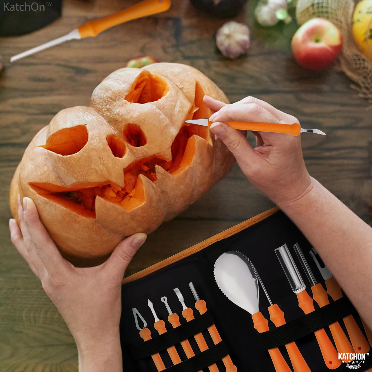 KatchOn, Kit de tallado de calabaza de Halloween, paquete de 13, herramientas profesionales de escultura de calabaza con plantillas, 18 piezas,