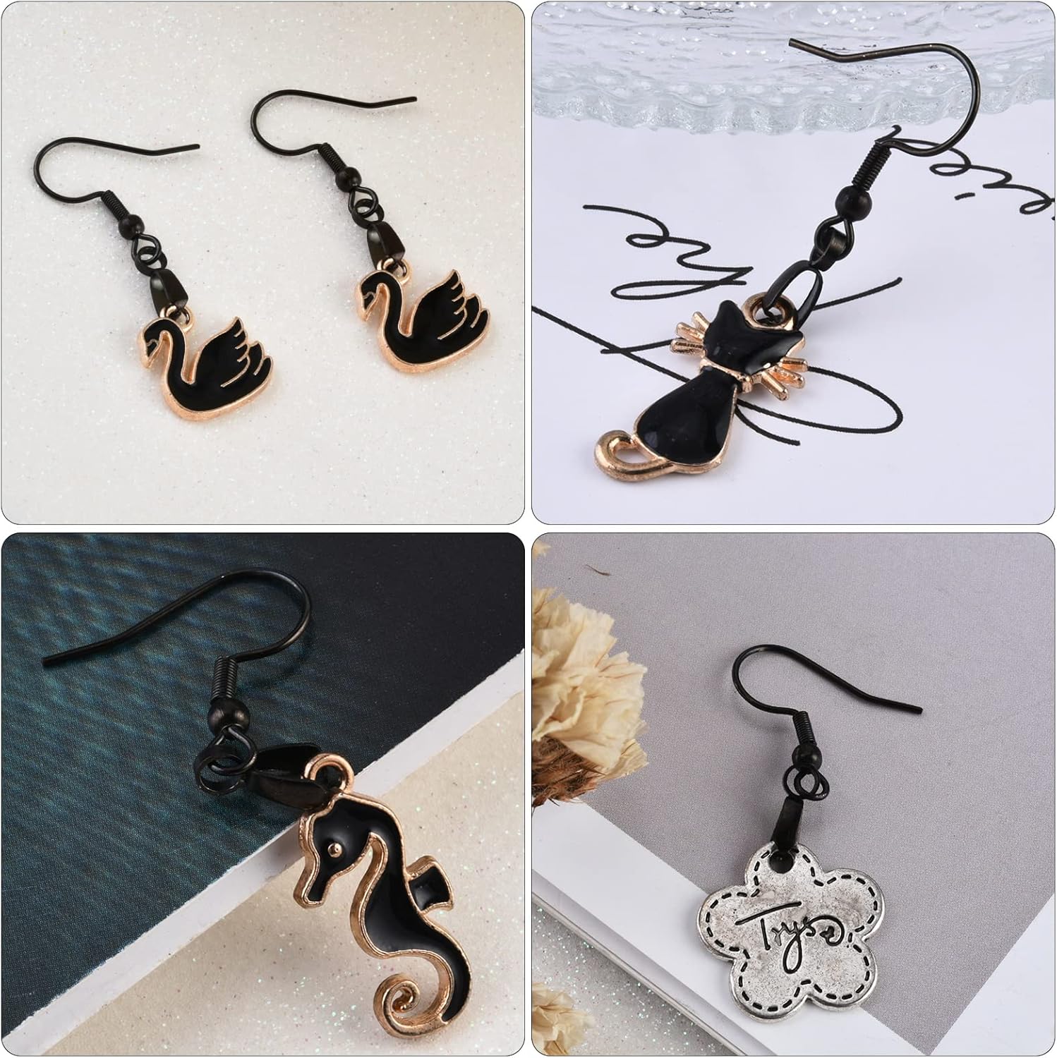 Ganchos para aretes, 50 unidades25 pares, cables de oreja negros de acero inoxidable, ganchos de pez, piezas hipoalergénicas para hacer joyas de