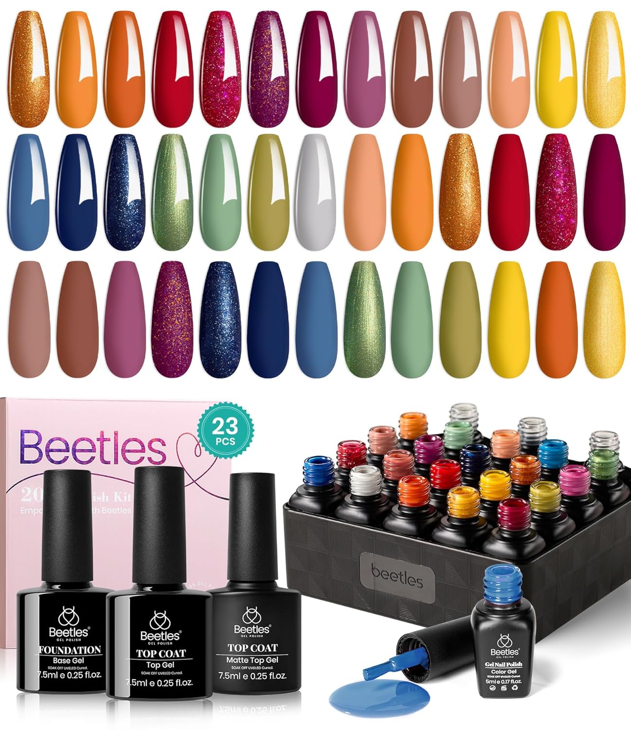 beetles Gel Polish Juego de 23 esmaltes de uñas de gel, 20 colores, naranja, marrón, rojo, azul real, verde, UV, esmalte de uñas de gel y 3 piezas,