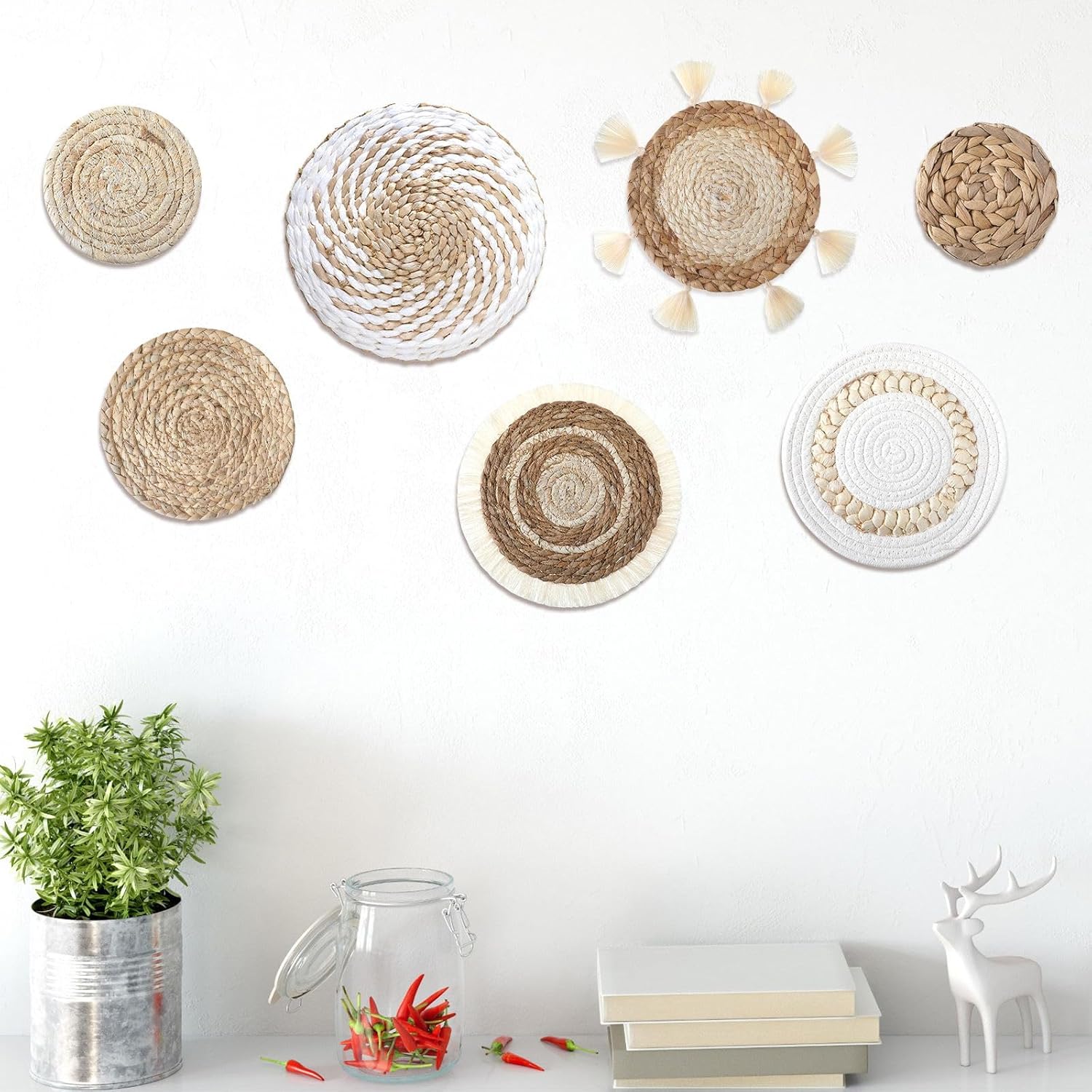 Beeveer 7 cestas de pared bohemias para colgar en la pared, de mimbre rústico, para casa de campo, salas de estar, dormitorios, decoración de cocina