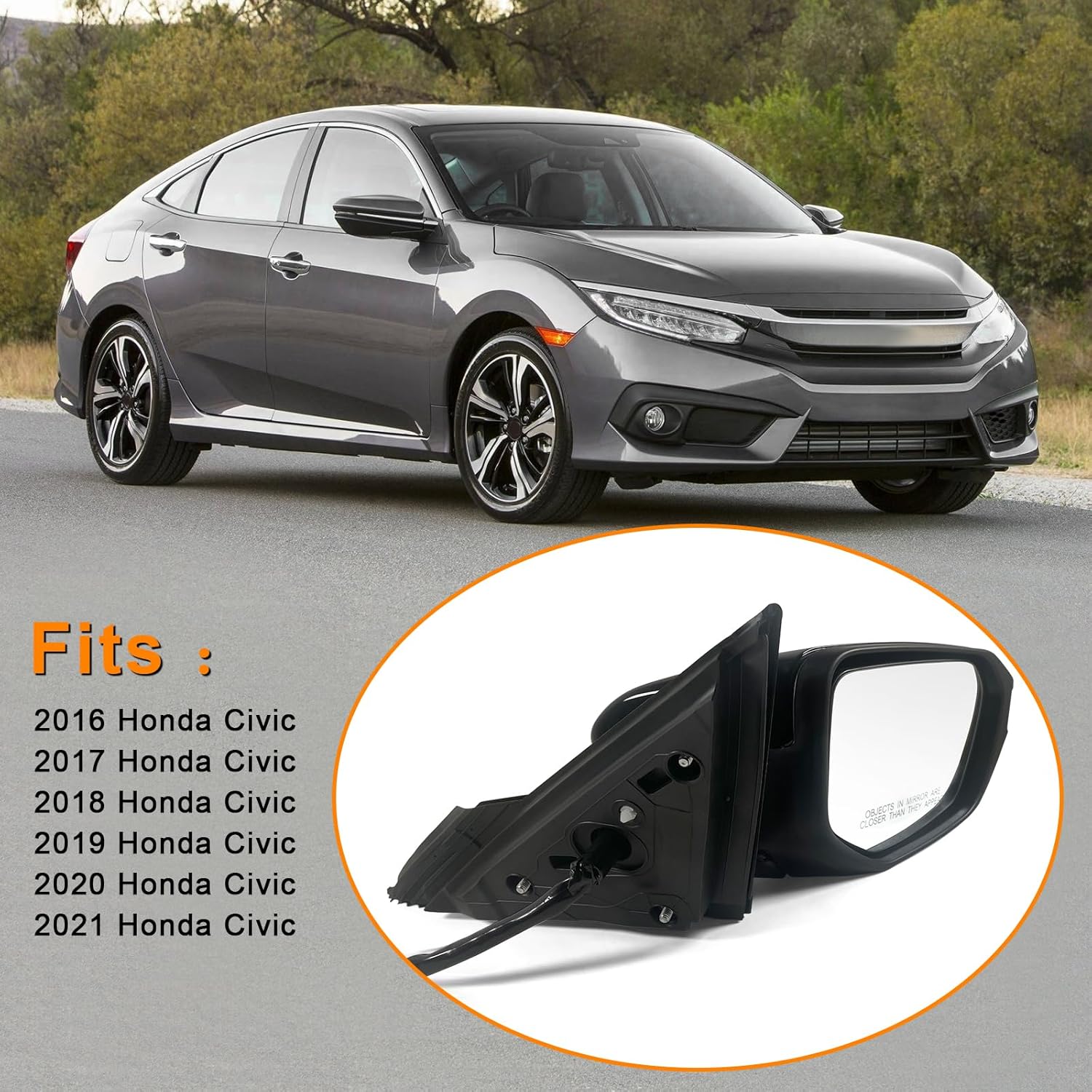 Espejo de puerta lateral derecha del pasajero compatible con Honda Civic Sedancoupehatchback LxExSport 2016-2021 con calefacción eléctrica y cámara
