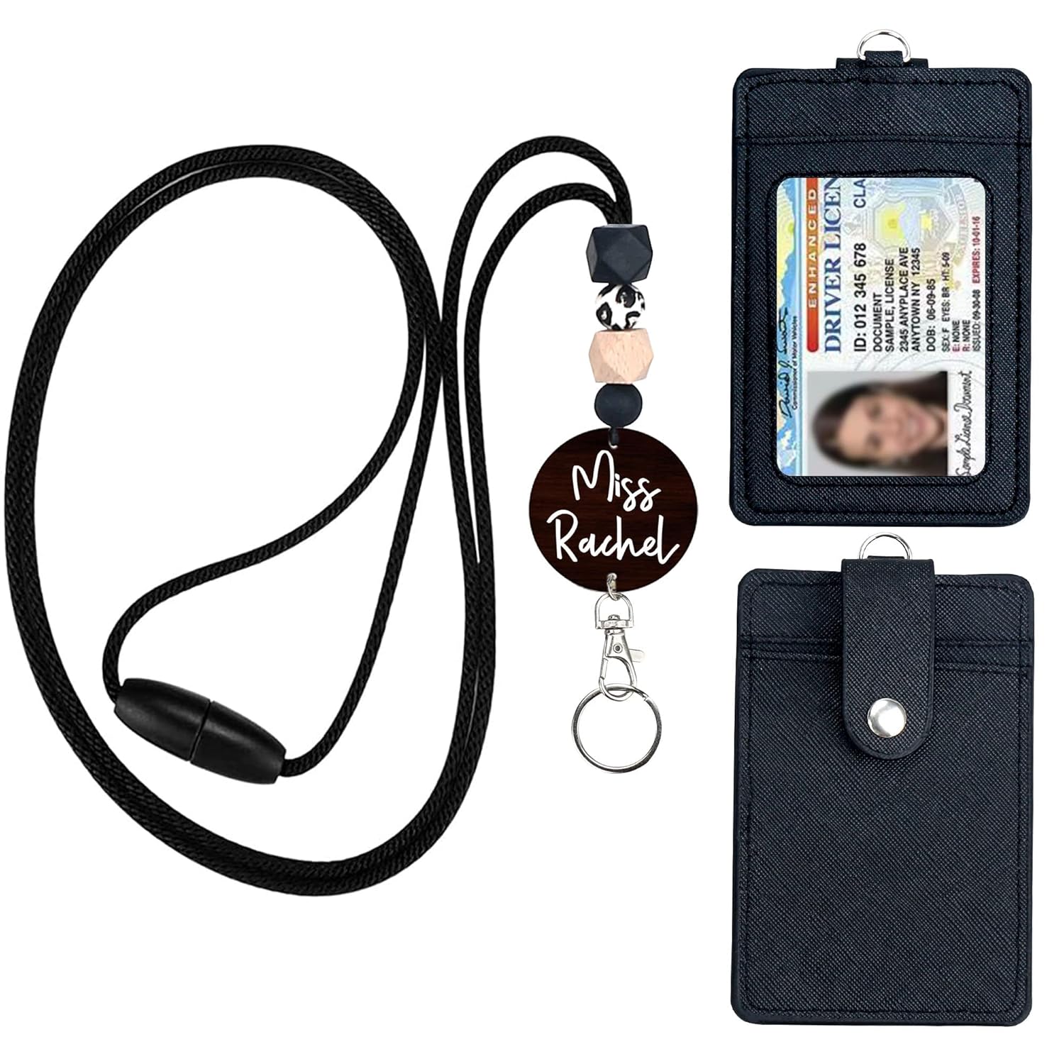 ABAMERICA Personalized Teacher Lanyards for Id Badges and Keys, Cute Beaded Lanyards for Women with Keychain and Leather Holder of 3 Card Slots