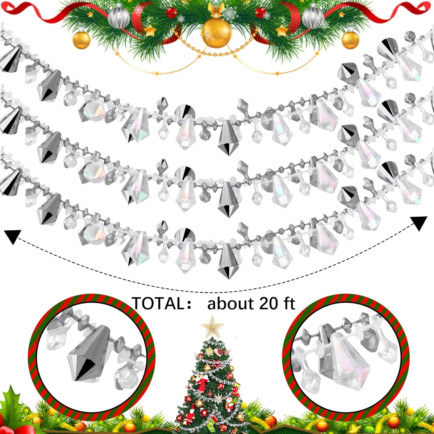 Bucherry Guirnalda de Navidad de 20 pies con cuentas de acrílico de cristal para colgar decoraciones rústicas para árbol de Navidad, adornos de