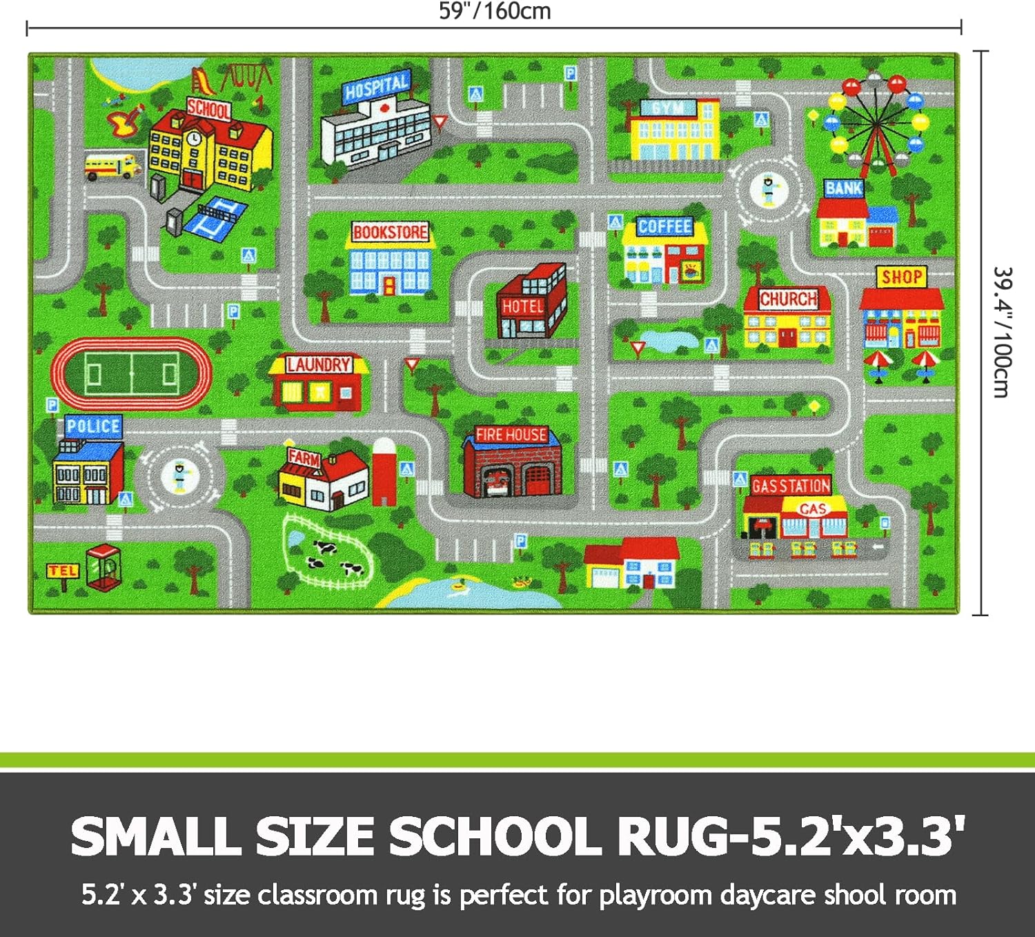 Capslpad Alfombra de juego para niños, antideslizante, 5.2 x 3.3 pies, lavable, con vida en la ciudad, tráfico, carretera, para niños, educativo,