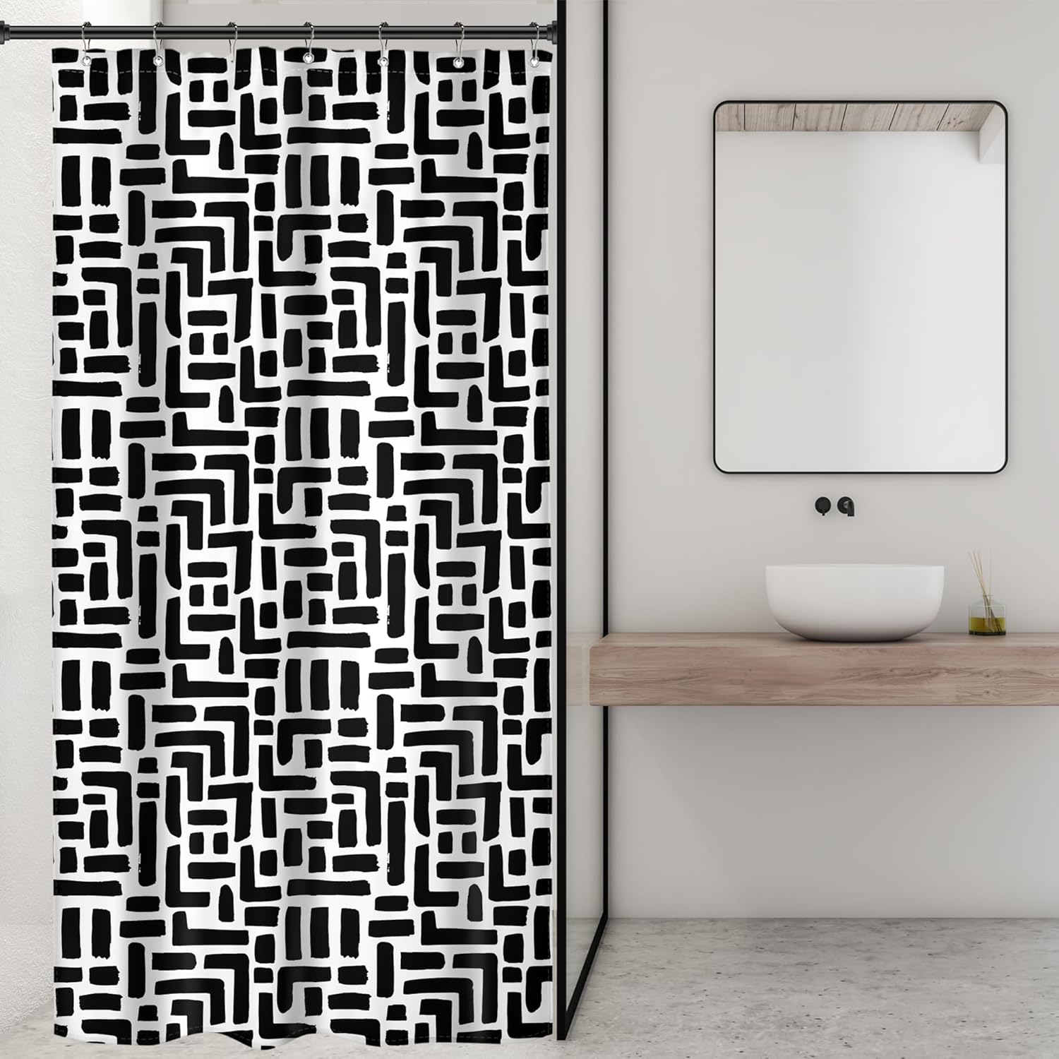 Riyidecor Cortina de ducha abstracta en blanco y negro, bohemio, bohemio, moderno, minimalista, geométrico, 36 pulgadas de ancho x 72 pulgadas de