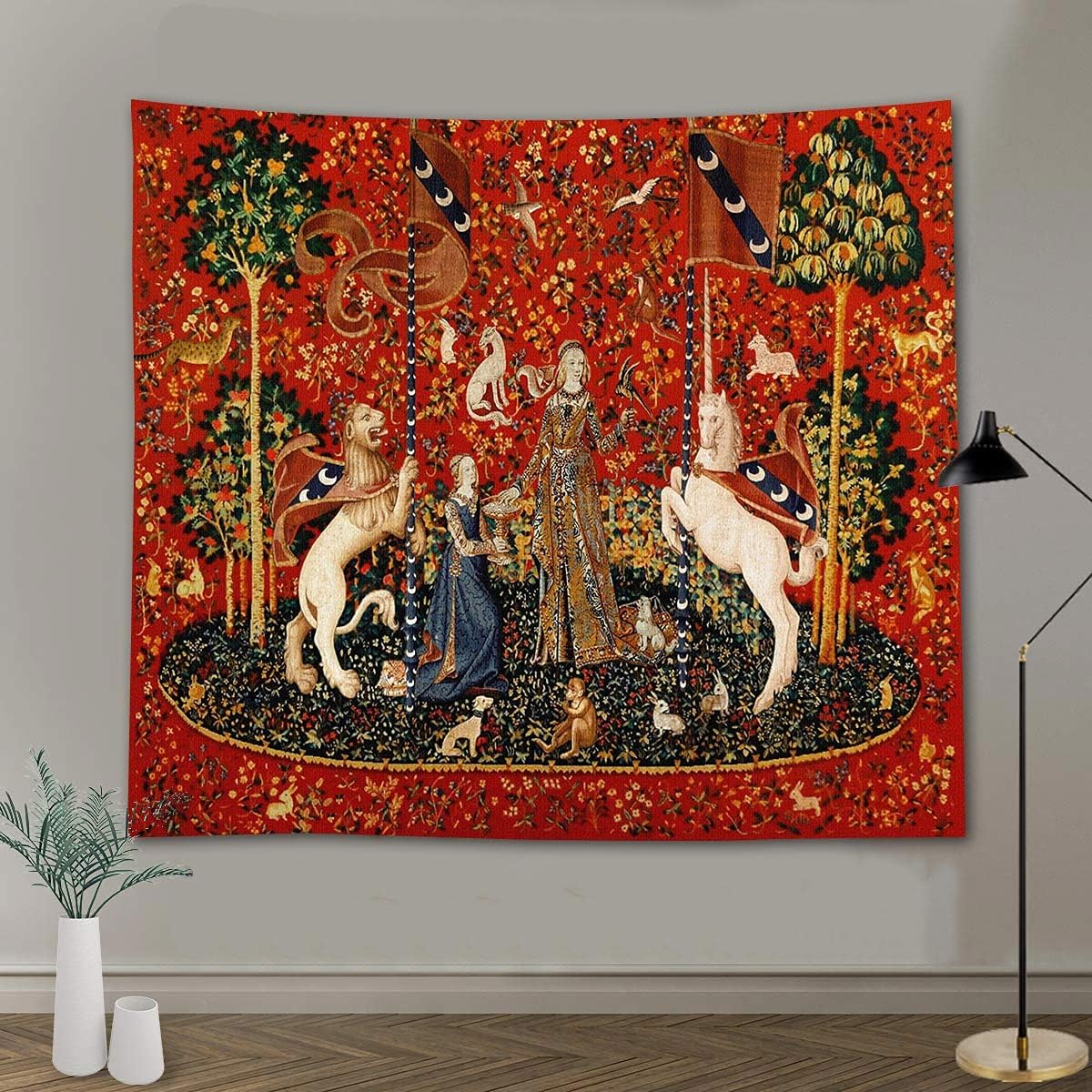 FEASRT Tapiz medieval de princesa de doncella y unicornio, tapiz real europeo, 60 x 51 pulgadas, franela suave, para sala de estar, decoración de