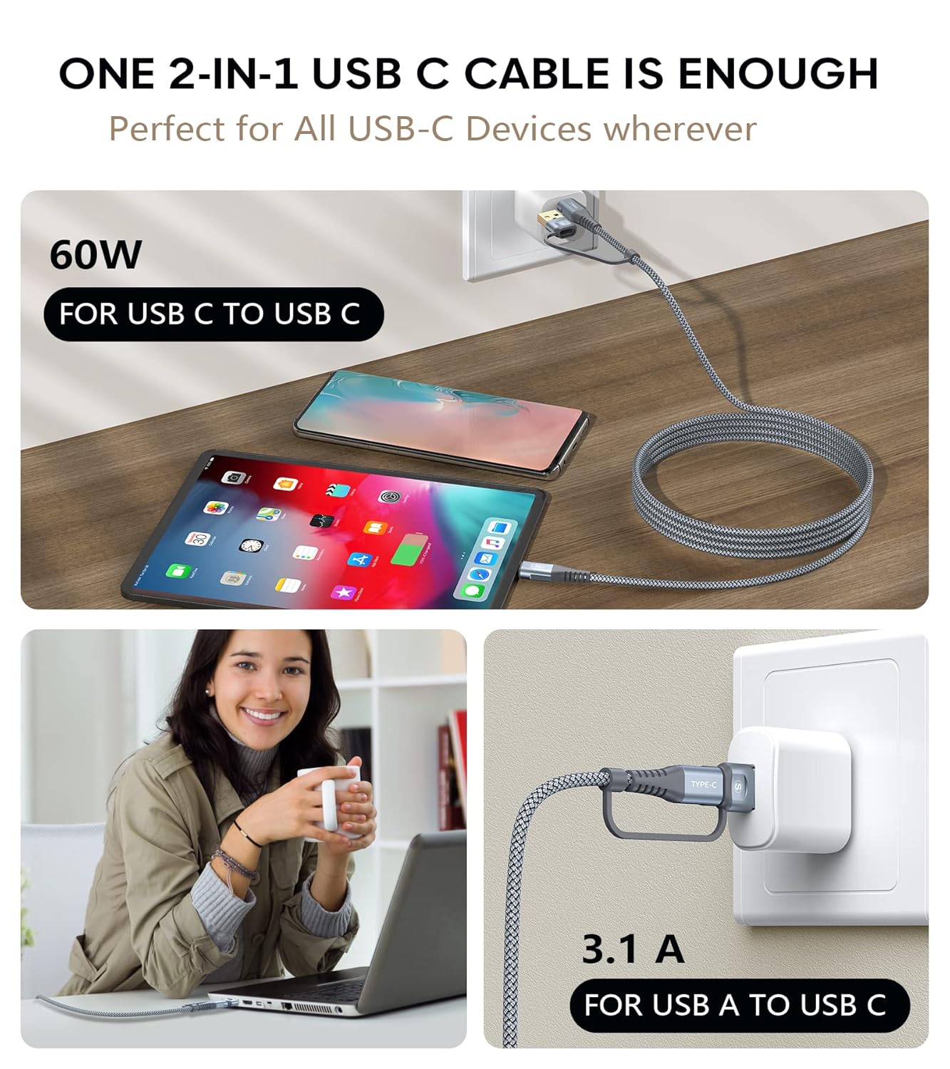 Cable USB C a USB C de 10 pies PD 60 W iPhone 15 Cargador 2 en 1 USB tipo AC a tipo C Cable trenzado de nailon para iPhone 15 Plus 15 Pro Max iPad