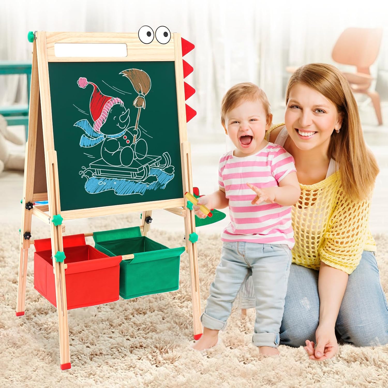 Caballete para niños con rollo de papel de 48 pulgadas, caballete de doble cara, pizarra blanca y pizarra de tiza ajustable en altura caballete de