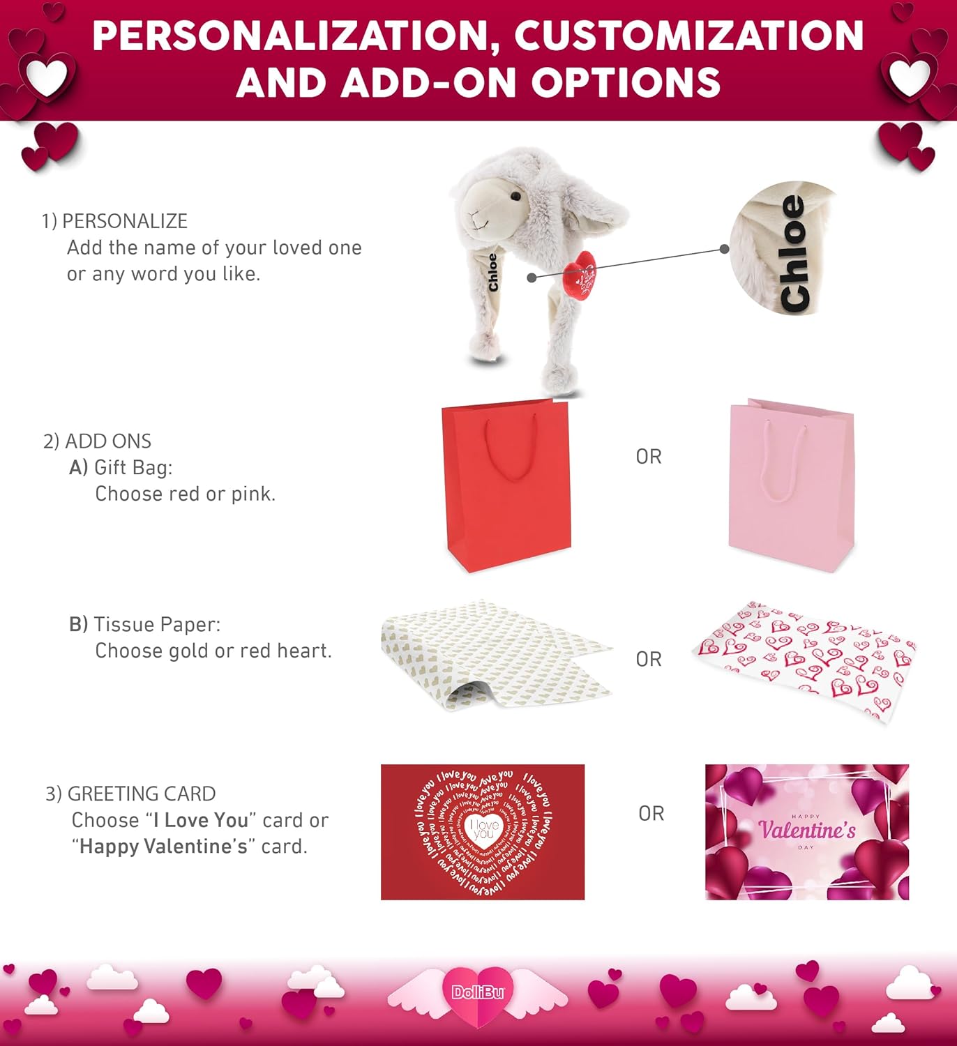 DolliBu I Love You – Gorro de peluche blanco de oveja de San Valentín, lindo animal de peluche con corazón rojo y nombre, regalo personalizado para