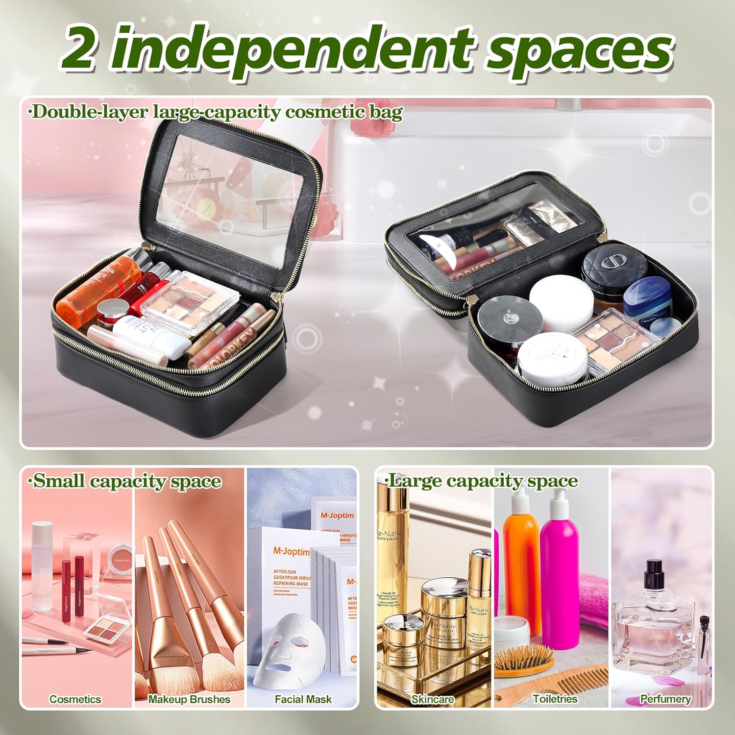 Minnanxi Neceser organizador de maquillaje transparente, doble cremallera, bolsa de cosméticos para viajar con impermeable y gran capacidad, bolsa