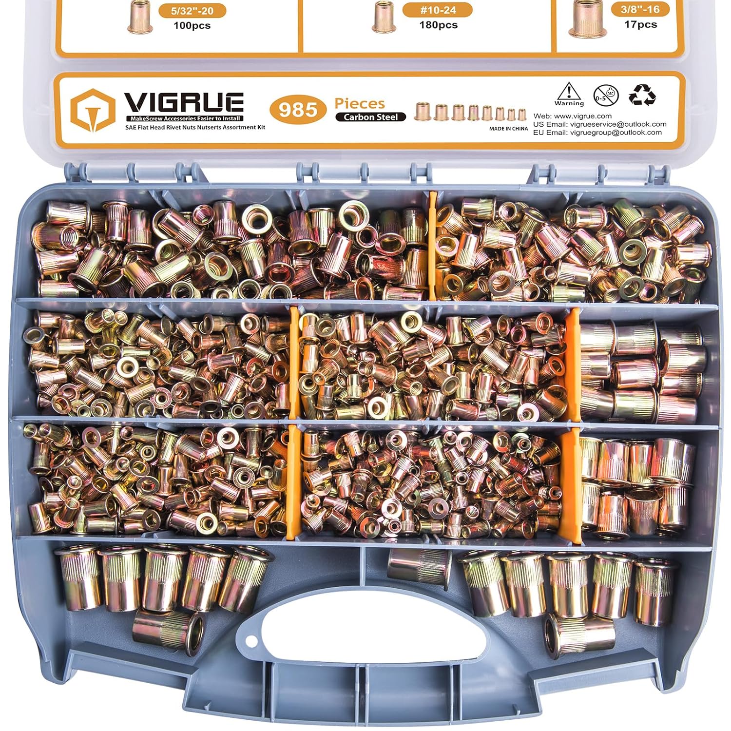 VIGRUE 985PCS SAE Kit surtido de tuercas remachadoras con estuche portátil Surtido Nutserts Rivnuts #6-32, 8-32, 10-24, 532-20, 14″-20, 516″-18,