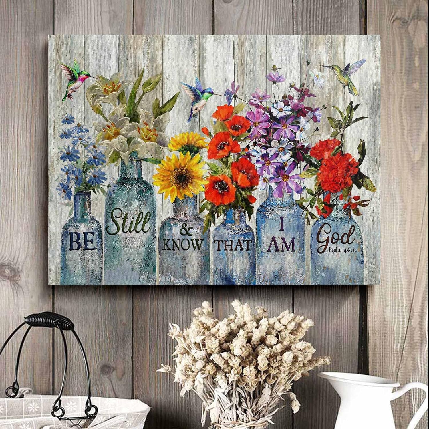 Arte de pared con diseño de flores en jarrón, diseño rústico de granja, lienzo floral, decoración de pared con texto en inglés Be Still and Know