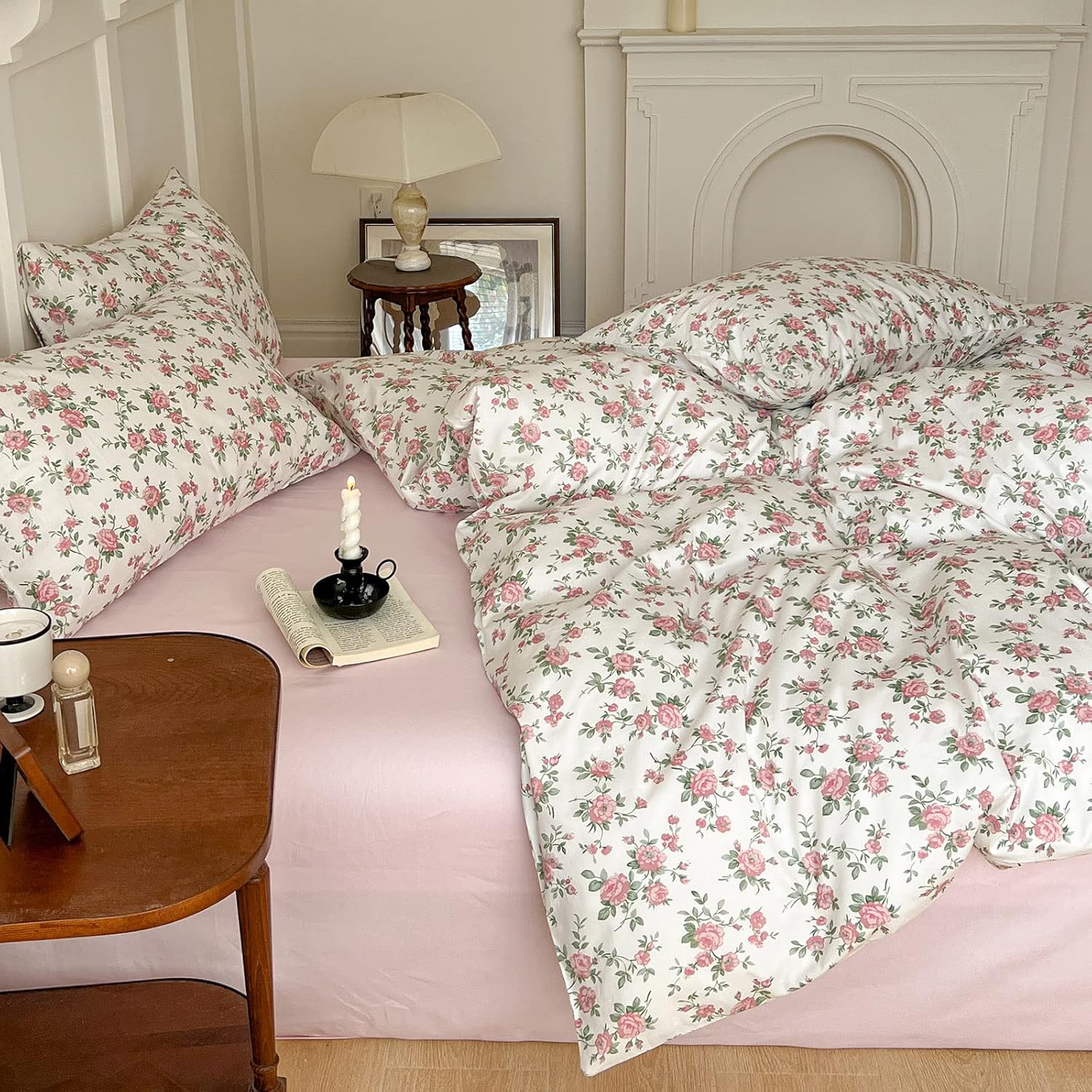 EAVD Juego de funda de edredón floral rosa, tamaño individual, suave, 100% algodón, juego de ropa de cama floral de jardín con 2 fundas de almohada,