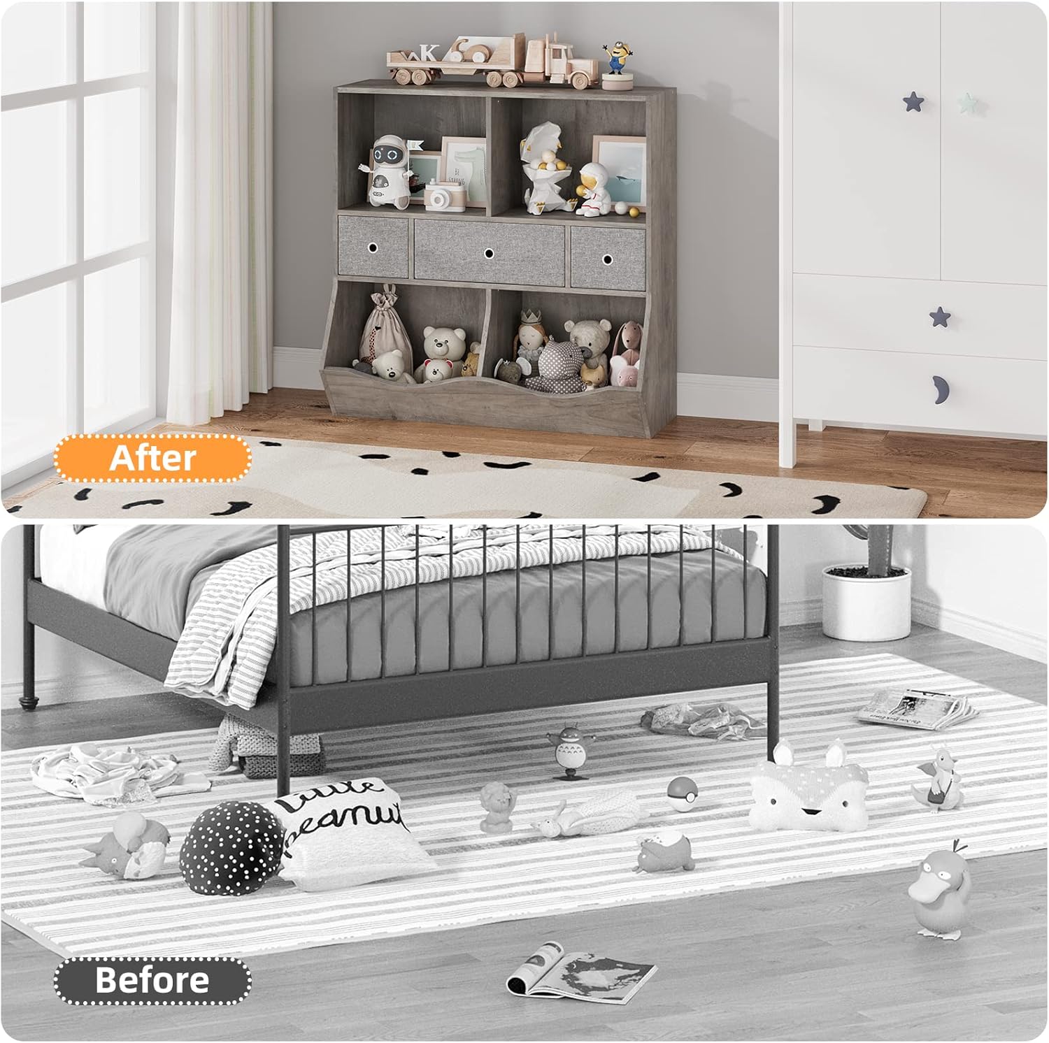 IDEALHOUSE Estantería para niños y organizador de almacenamiento de juguetes con 3 cajones móviles, armario de almacenamiento de piso con 4