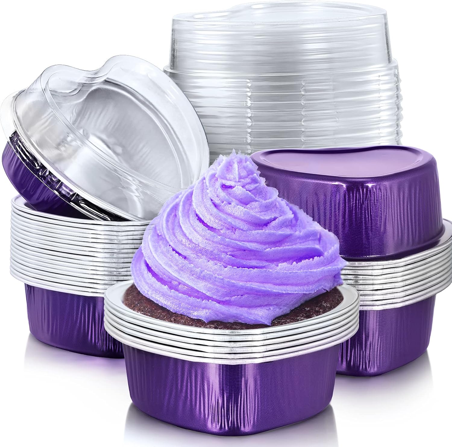 Mini molde de aluminio para pasteles con tapas transparentes de 1.9 fl oz1.86 onzas líquidas  1.86 onzas líquidas de papel de aluminio en forma de