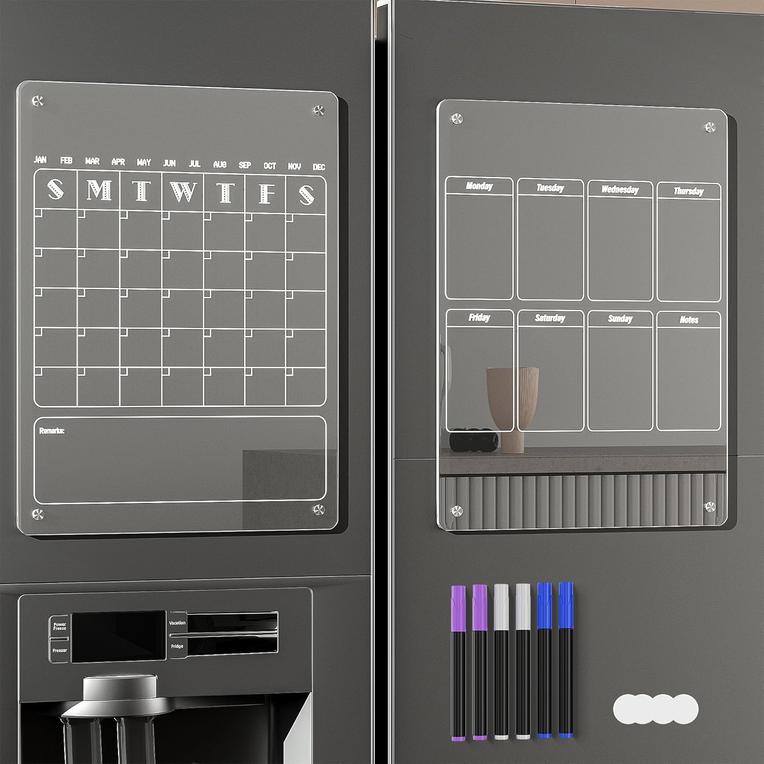 Calendario semanal mensual magnético acrílico para refrigerador, 2 juegos de calendario magnético transparente para refrigerador, planificador