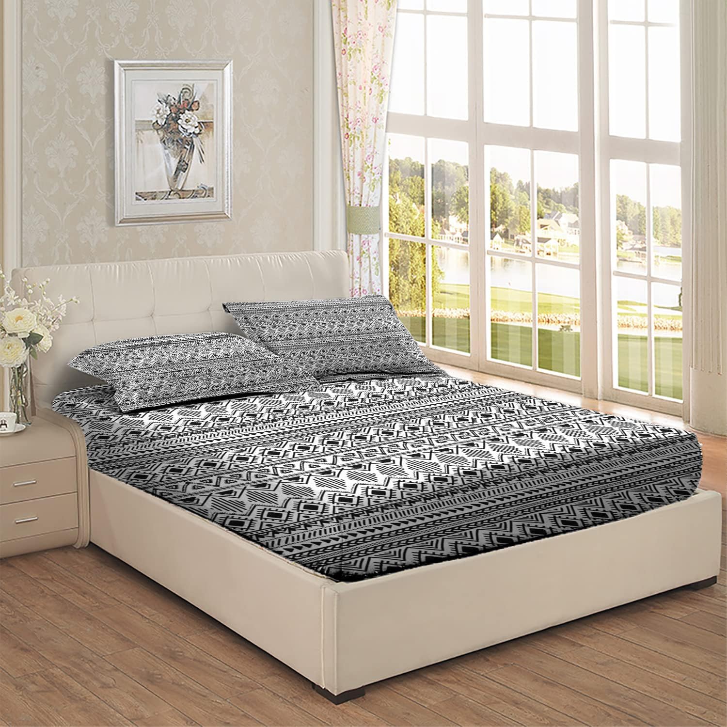 Juego de sábanas bajeras de tamaño Queen, diseño de rombos monocromáticos, juego de ropa de cama de 3 piezas con estampado decorativo, sábana